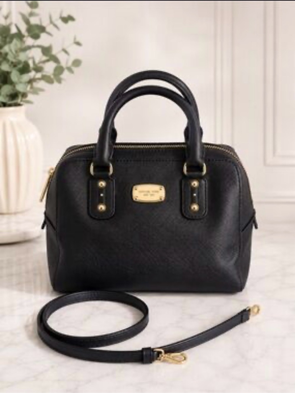 MICHAEL Michael Kors Black Saffiano Leather Satchel with Gold Hardware